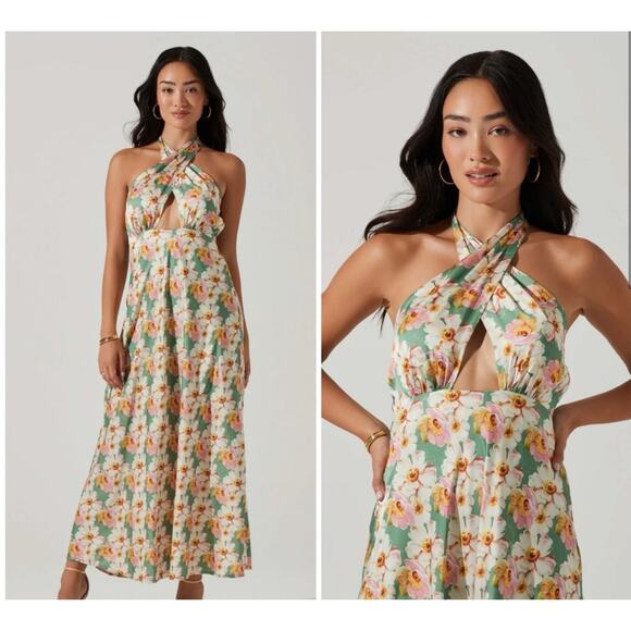 ASTR THE LABEL Giova Dress Size Large Maxi Wedding Cocktail Evening Floral Satin - Picture 2 of 15